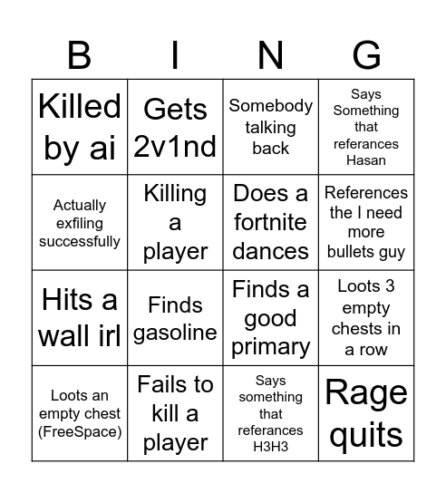 Tabor Bingo Card