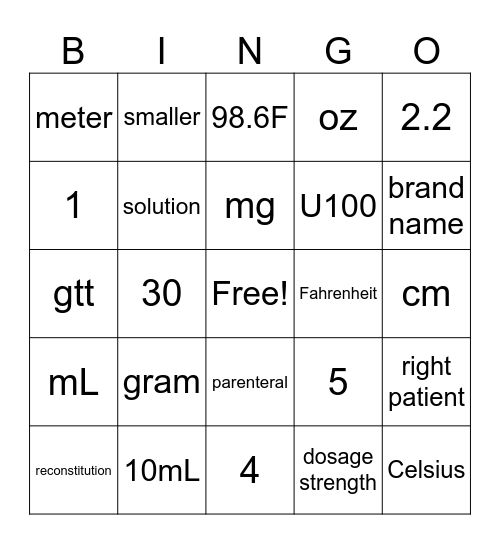 Dosage Calculation Termiology Bingo Card