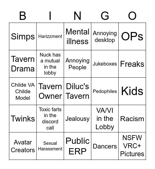 Genshin Tavern Rizz Bingo Card