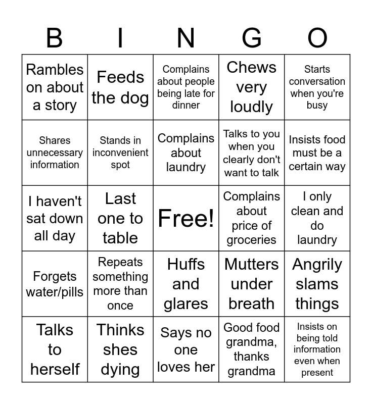 Grandma Bingo Card