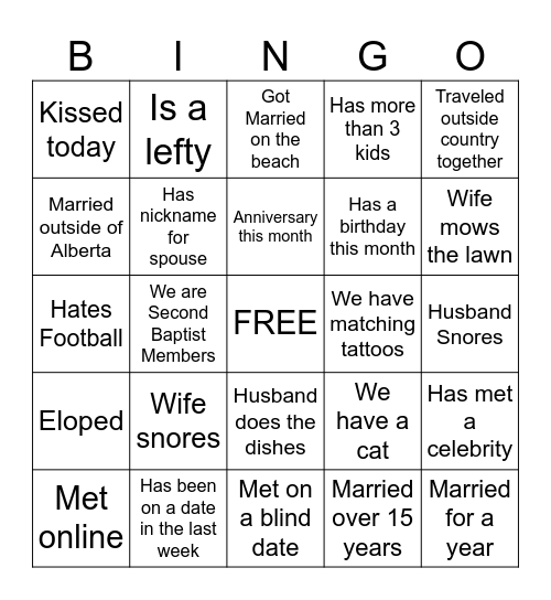 Marriage Ministry Date Night Bingo Card