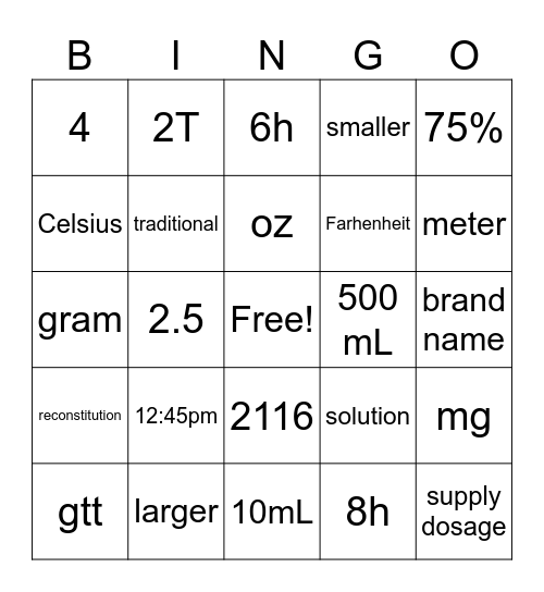 Dosage Calculation Termiology Bingo Card