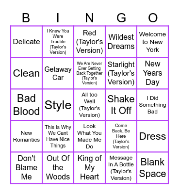 Taylor Swift Eras Round 2 Bingo Card