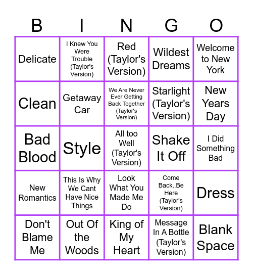 Taylor Swift Eras Round 2 Bingo Card