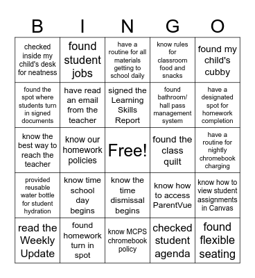 Back to School Night Bingo Card