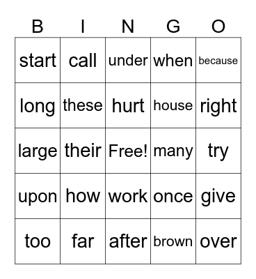 Sight Words II Bingo Card