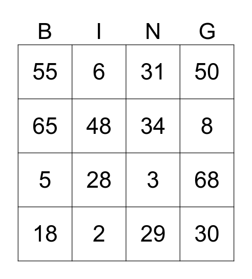 Number Bingo 1-6 Bingo Card