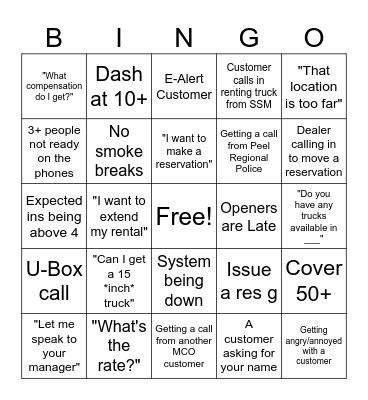 U-Haul Bingo Card