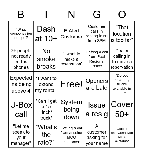 U-Haul Bingo Card