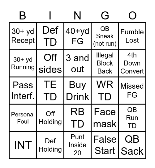 MNF At The Wooden Nickel Bingo Card