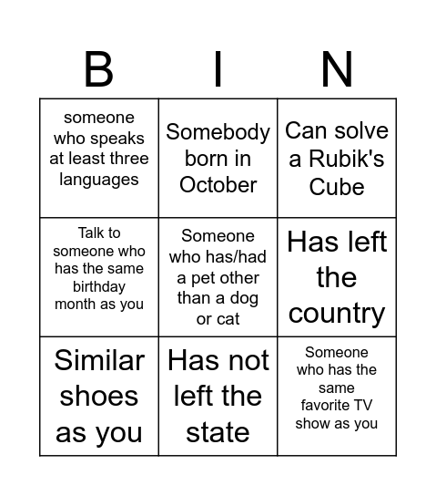 Human Bingo UNV 101 Bingo Card