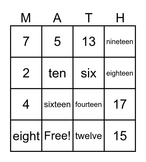 Numbers and their Names Bingo Card