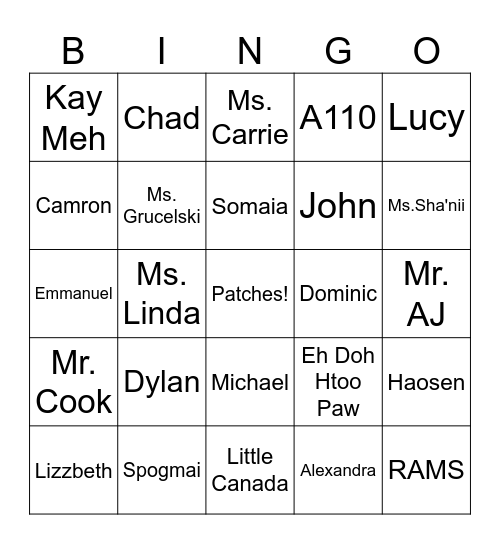 2nd hour BINGO Card