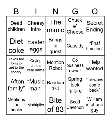 MatPat FNAF bingo Card