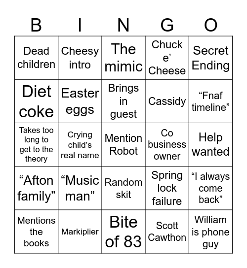 Filme FNaF Bingo Card