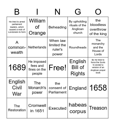 17.5 Parliament Limits the English Monarchy Bingo Card