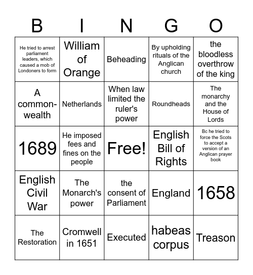 17.5 Parliament Limits the English Monarchy Bingo Card