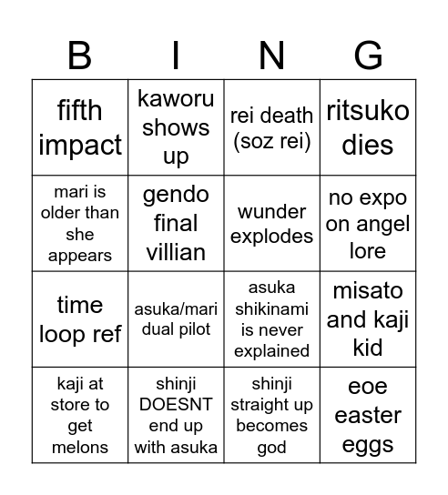 EVANGELION 4.0 + 1.01 Bingo Card