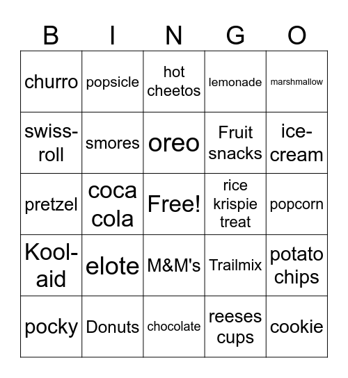 Snacks Bingo Card