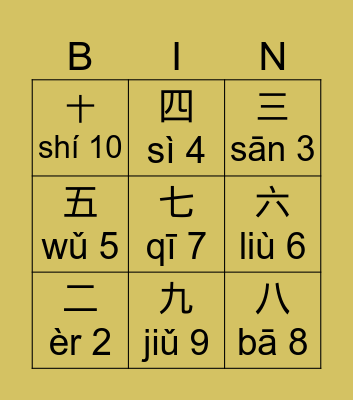 Chinese numbers 2-10 Bingo Card