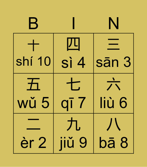 Chinese numbers 2-10 Bingo Card