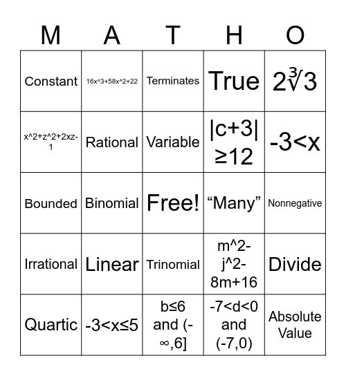 Precalculus Prerequisite Bingo Card