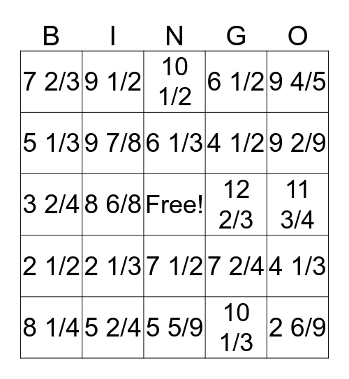 Improper fraction to mixed number Bingo Card