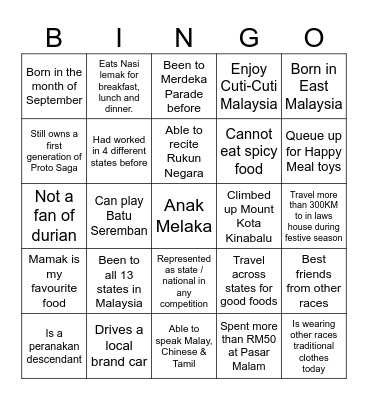 Malaysia Day Bingo Card