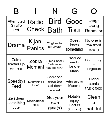 Serengeti Bingo Card