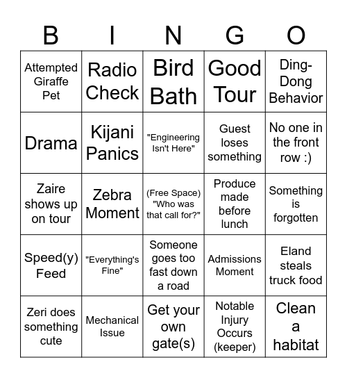 Serengeti Bingo Card