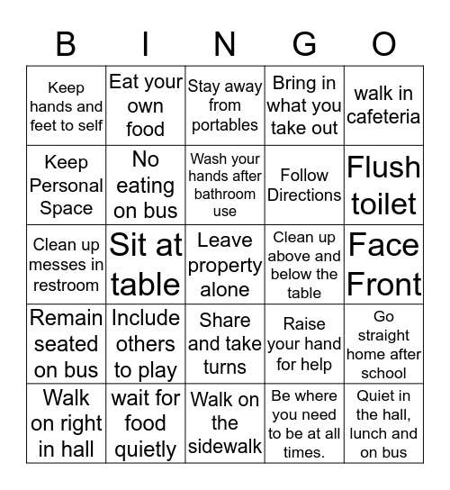 School Rules Bingo Card