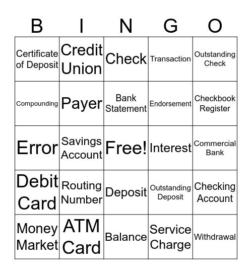 Checking and Savings Bingo Card