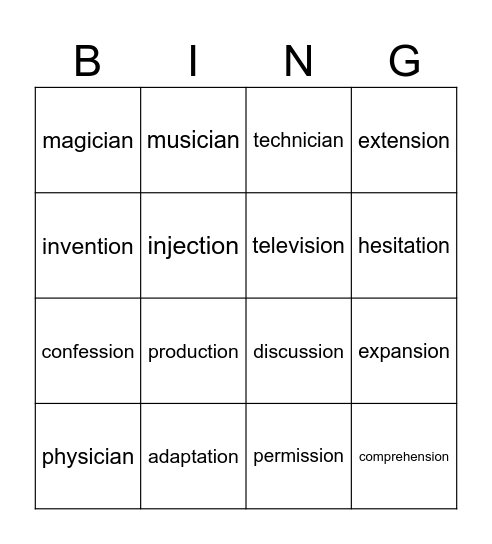 cian, tion or sion/ssion? Bingo Card