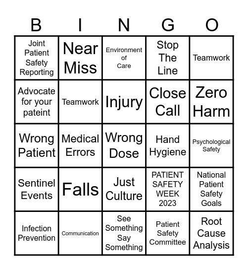 Patient Safety Week 2023 Bingo Card
