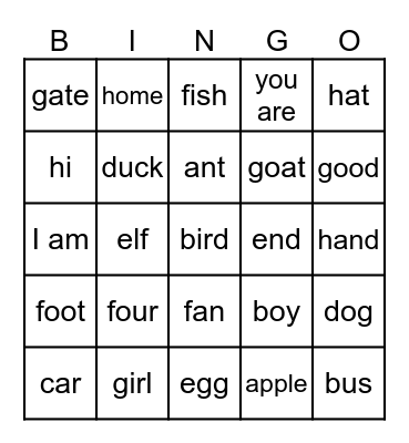 English Bingo Card