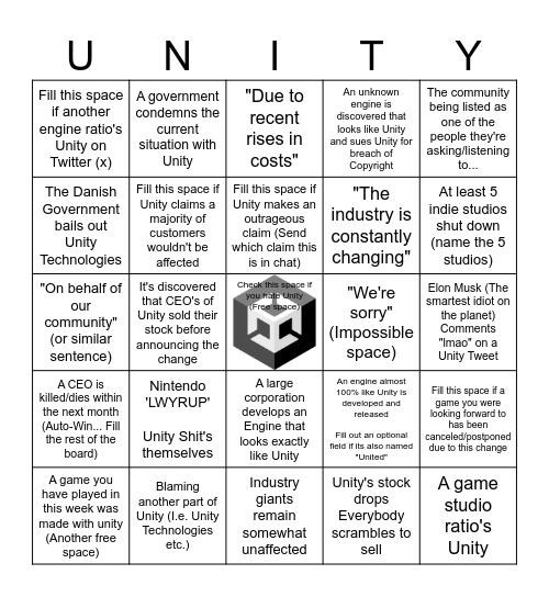 Unity Install Fee Bingo Card