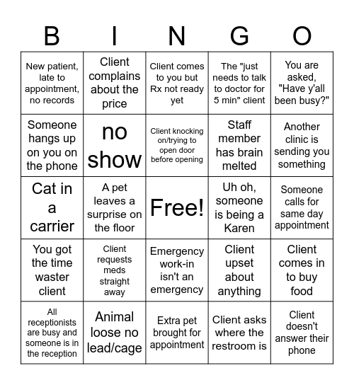 Veterinary Receptionist Bingo Card