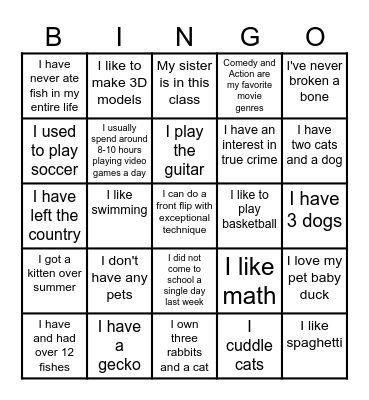 1st Period BINGO Card