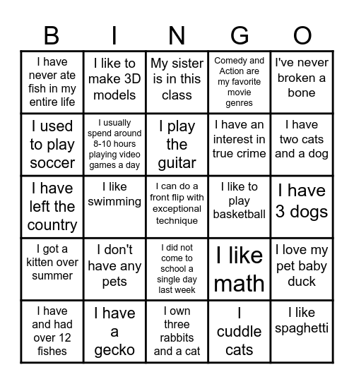 1st Period BINGO Card