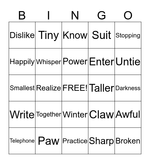 SIGHT WORD BINGO Card