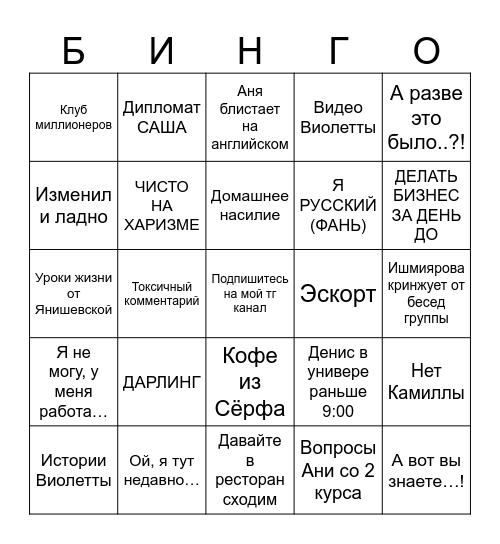 4 ГРУППА Bingo Card