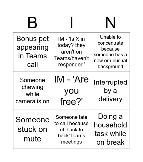 Team Bingo - stay at home edition Bingo Card