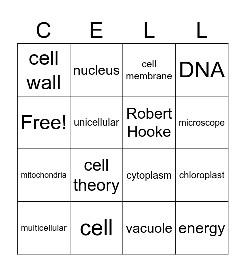 Organelle Bingo Card