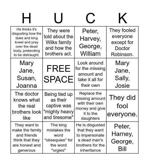Huckleberry Finn: Chapters 24-25 Bingo Card