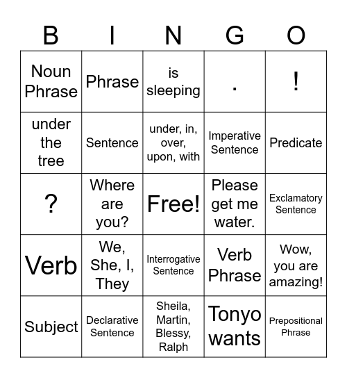 Phrase and Sentence Bingo Card