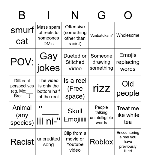 INSTAGRAM REELS!! Bingo Card