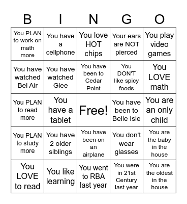 TEEN BINGO Card