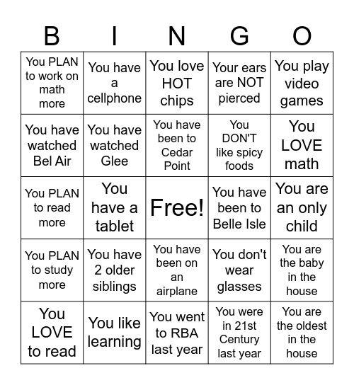 TEEN BINGO Card