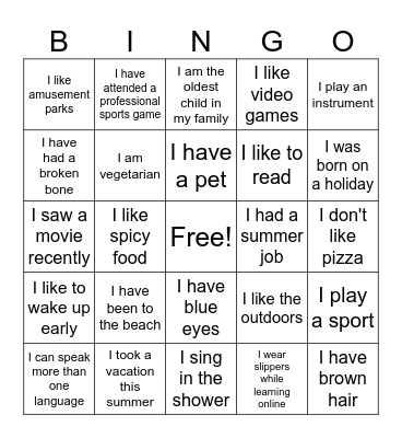 About Me Bingo Card