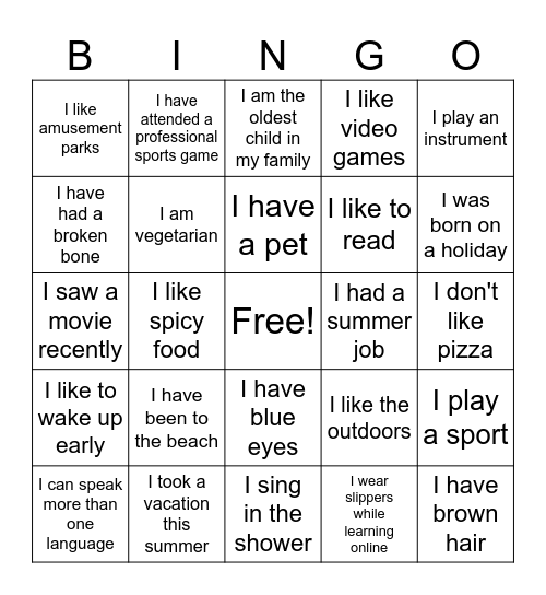 About Me Bingo Card